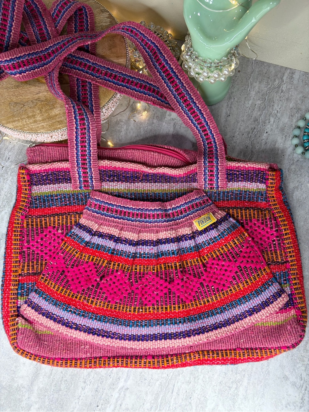 Vintage Pinzon Woven Purse Bag Handbag Pink Mexican Striped Handmade